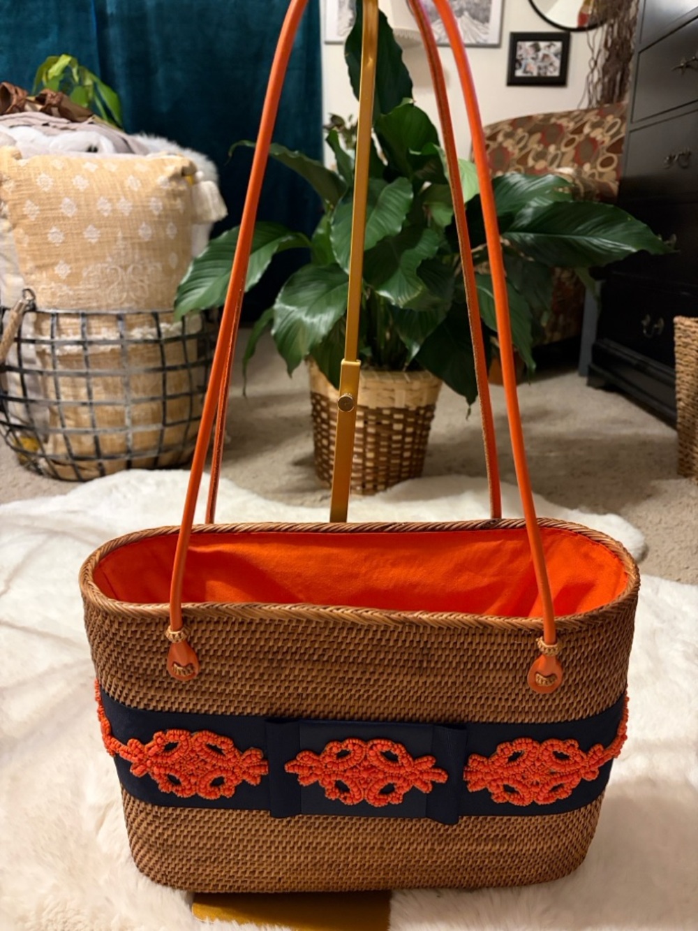 Bosom Buddy Woven Rattan Tote with Orange Trim and Navy Band